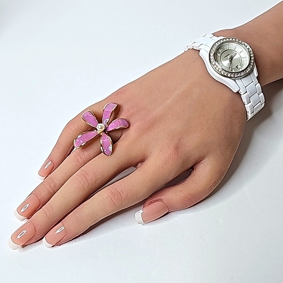 Large Flowered Custom Purple Ring W/Center Pearl & Gold Adj. Band. OS - Picture 3 of 8